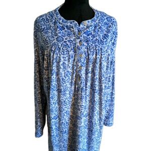Aria Collections Long Sleeve Velour Nite Gown Sz L Blue White Floral Pockets EUC